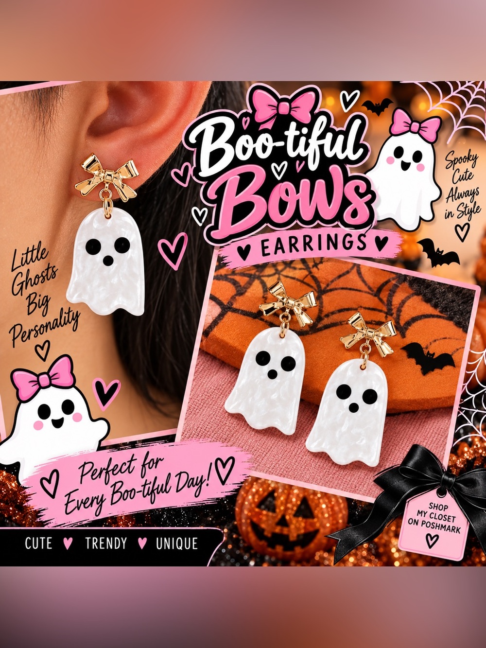 👻🆕👻Boo-tiful Bows Ghost Earrings - Gold Bow Accent